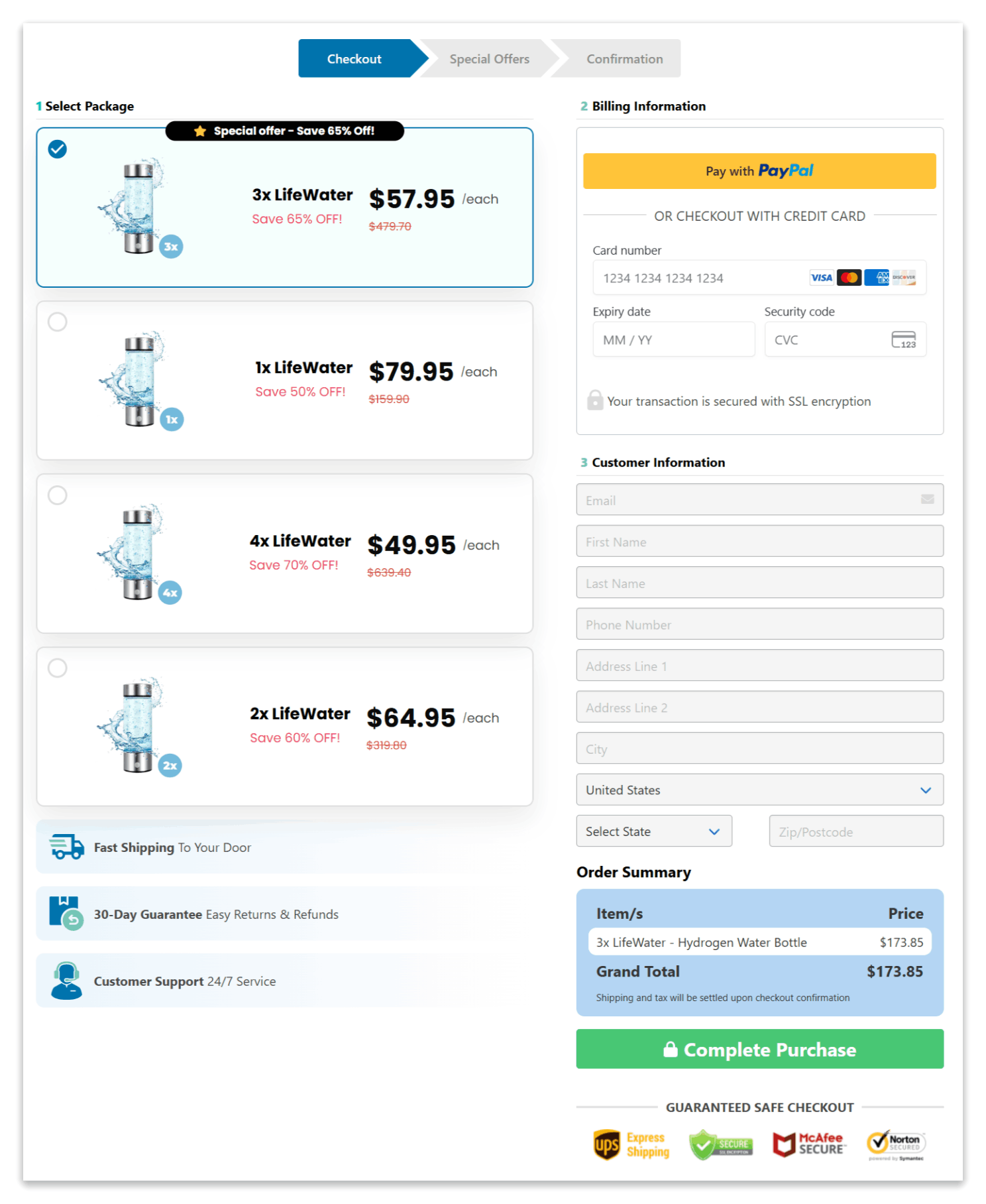 LifeWater Hydrogen Bottle checkout page